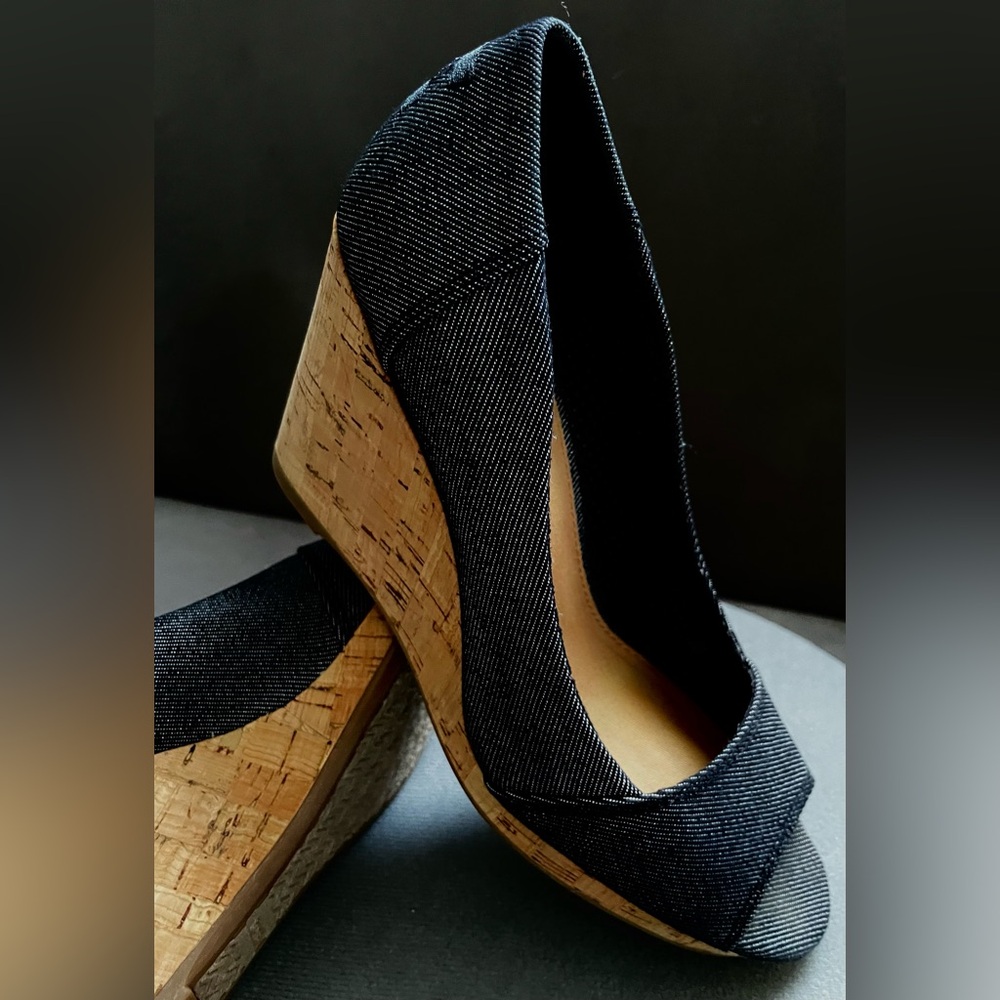 TOMS brand Size 6 Dark blue denim peep toe wedge shoes.